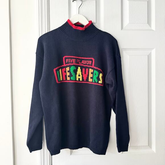 The Eagle’s Eye Navy Blue Five Flavors Lifesavers Logo Brand Handknit Sweater M - Picture 1 of 8